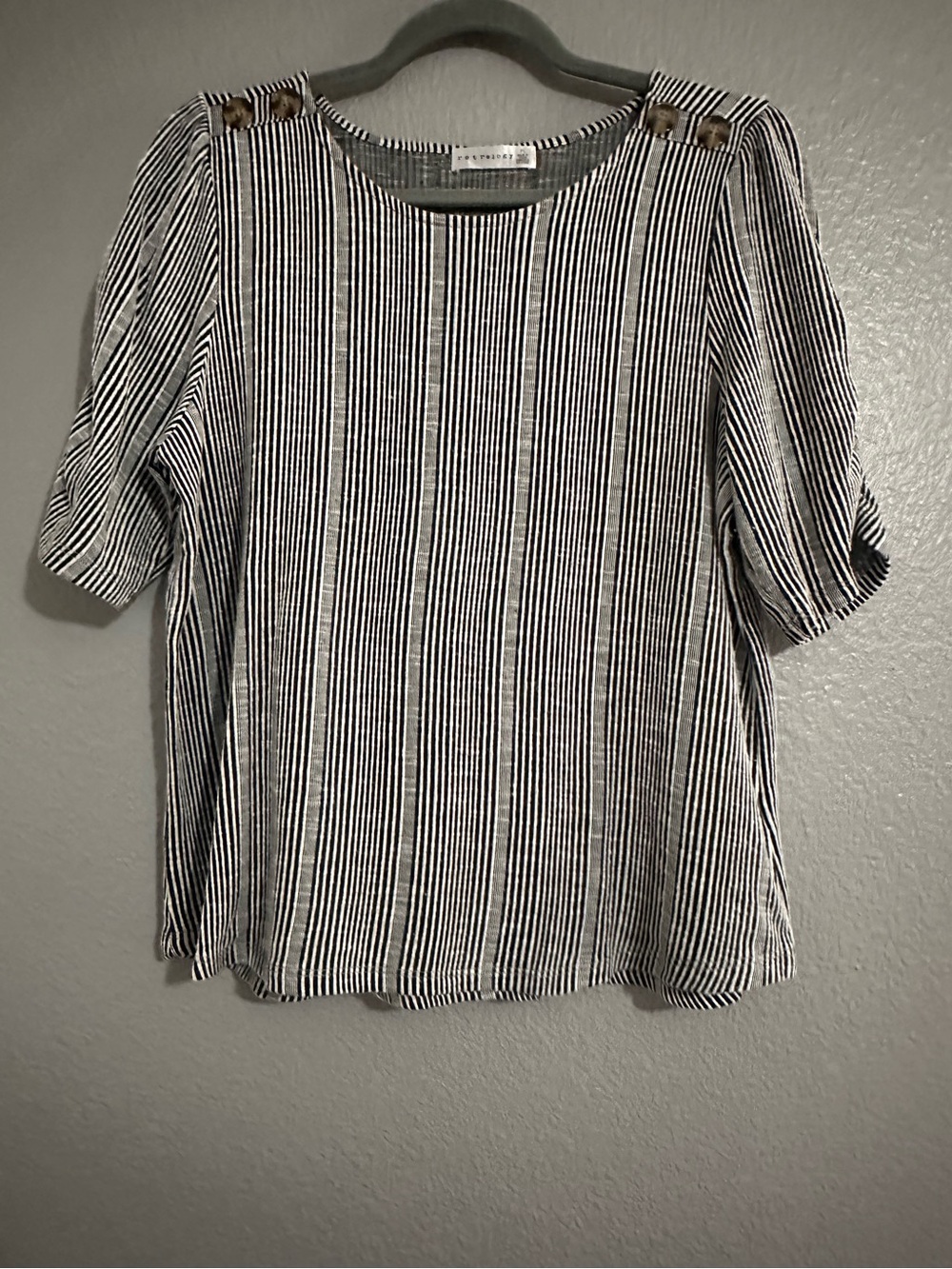 Retrology Stripe Blouse with Button-Shoulder Detail -Black & White, petite large